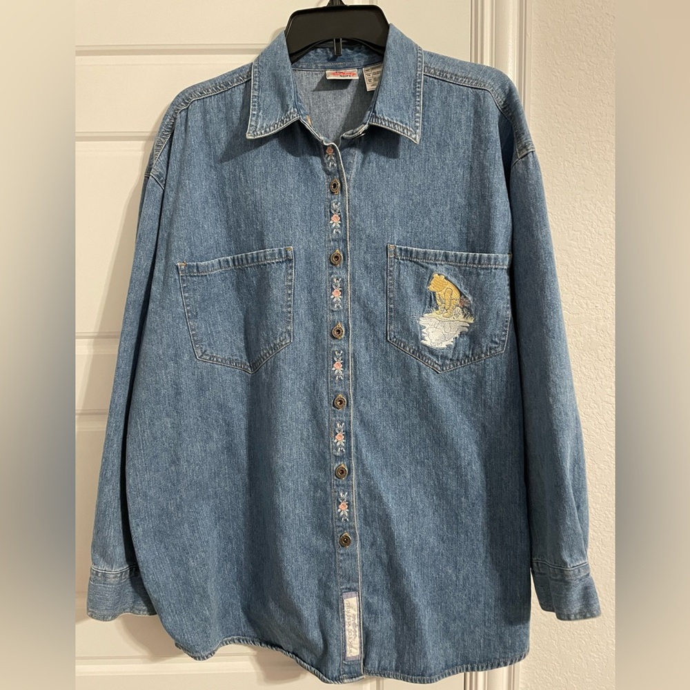 Vintage Disney Store Winnie the Pooh Denim Embroidered Shirt Size XL